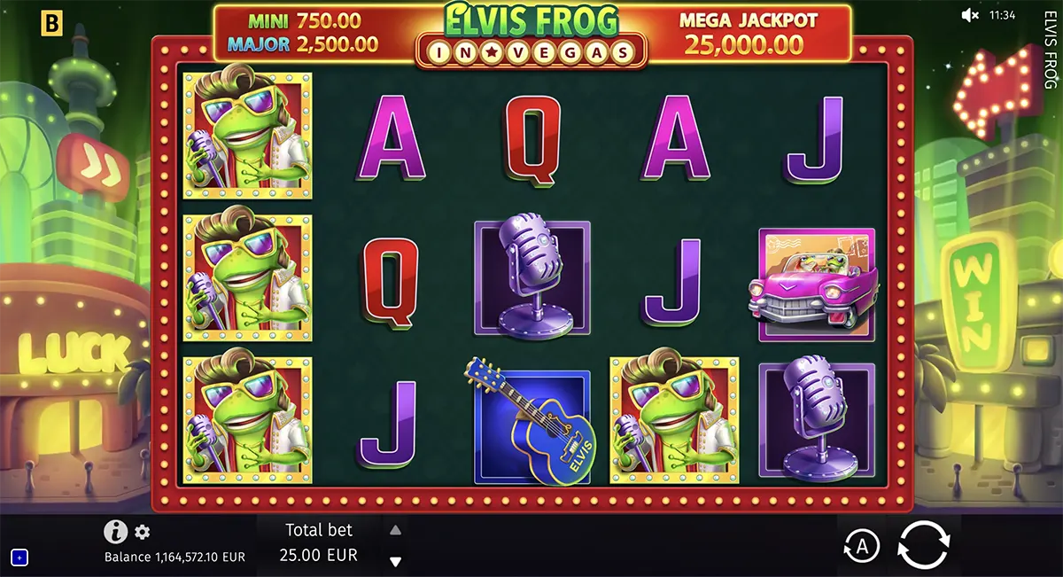 Elvis Frog character in white jumpsuit performing on stage in the Vegas-themed slot Elvis Frog character in white jumpsuit performing on stage in the Vegas-themed slot