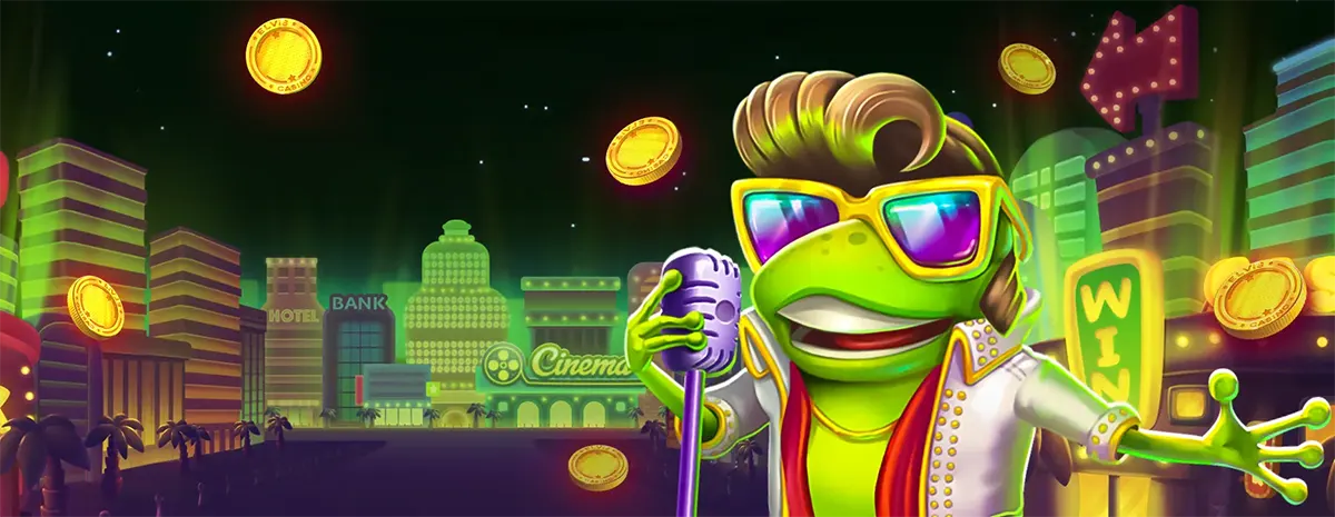 Elvis Frog in Vegas slot main game screen showing the frog character dressed as Elvis against a Las Vegas backdrop