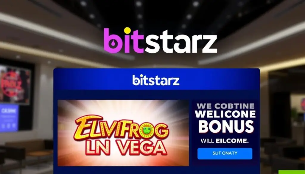 BitStarz Casino logo and welcome screen featuring Elvis Frog in Vegas BitStarz Casino logo and welcome screen featuring Elvis Frog in Vegas
