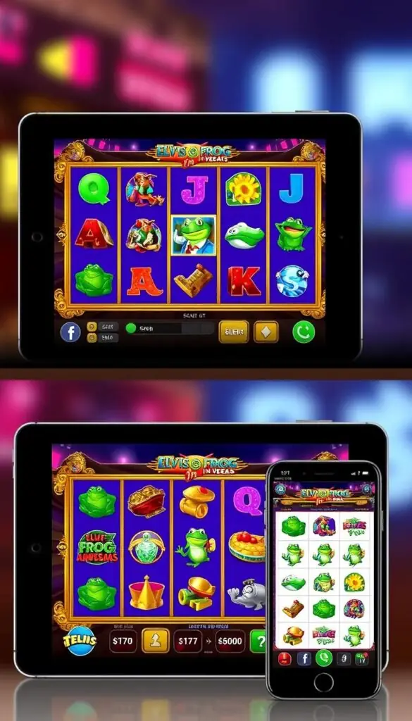 Elvis Frog in Vegas mobile interface showing adaptive layout on different devices Elvis Frog in Vegas mobile interface showing adaptive layout on different devices