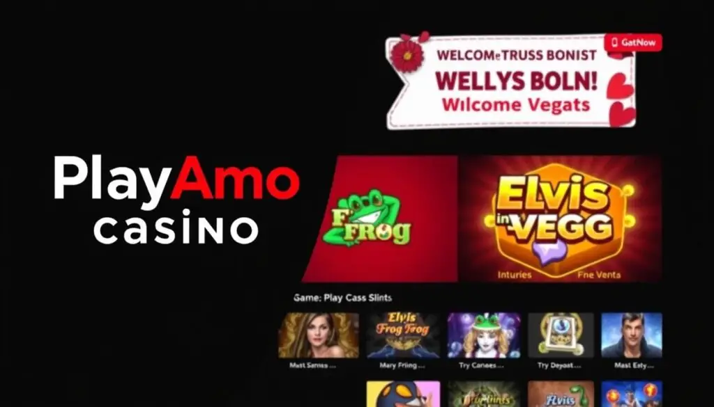 PlayAmo Casino logo and gamification features with Elvis Frog in Vegas PlayAmo Casino logo and gamification features with Elvis Frog in Vegas
