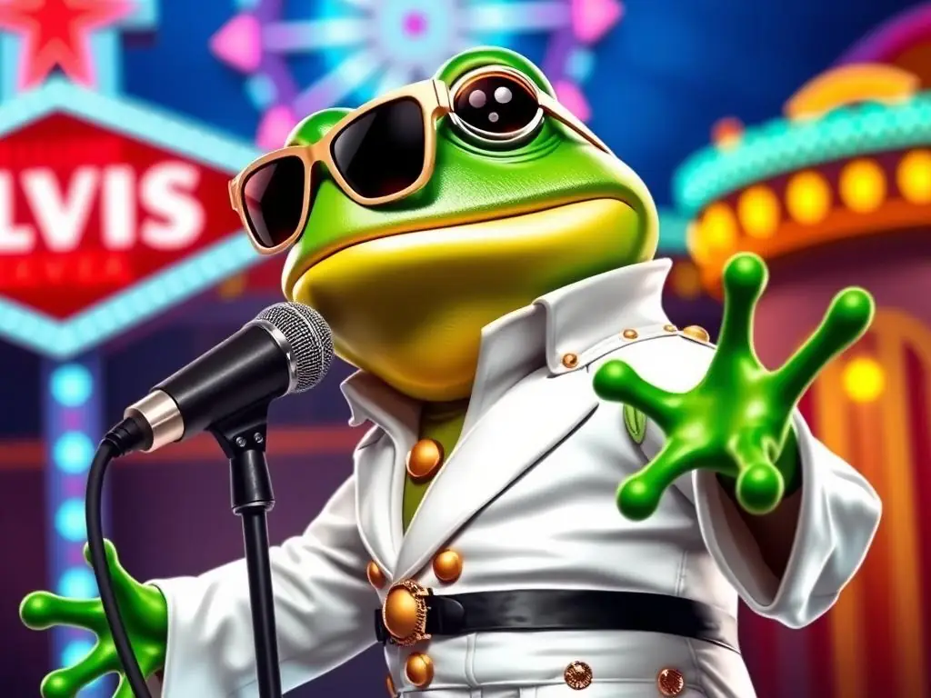 Elvis Frog character in white jumpsuit performing on stage in the TRUEWAYS slot Elvis Frog character in white jumpsuit performing on stage in the TRUEWAYS slot