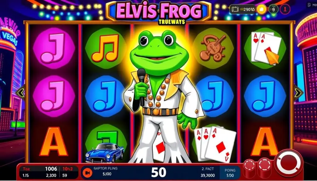 Elvis Frog TRUEWAYS slot main game screen showing the frog character dressed as Elvis Elvis Frog TRUEWAYS slot main game screen showing the frog character dressed as Elvis